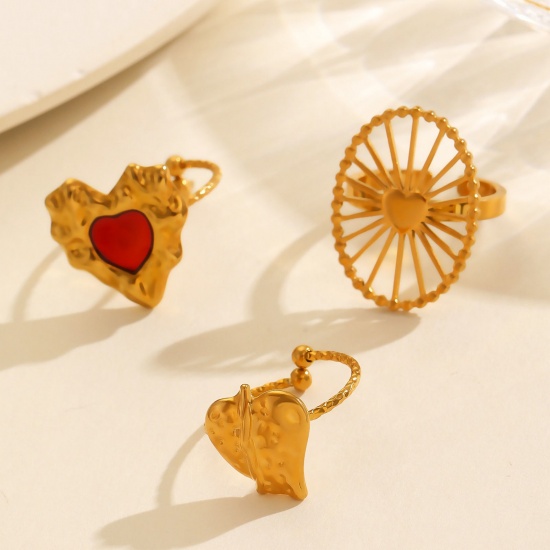 Imagen de 1 Piece Eco-friendly Stylish Valentine's Day 18K Gold Plated 304 Stainless Steel Open Adjustable Heart Rings For Women Gift 16.9mm(US Size 6.5)