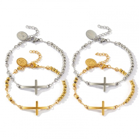 1 Piece Eco-friendly Retro Religious Multicolor 304 Stainless Steel Beaded Chain Cross Bracelets For Women Gift 17cm(6.7") long