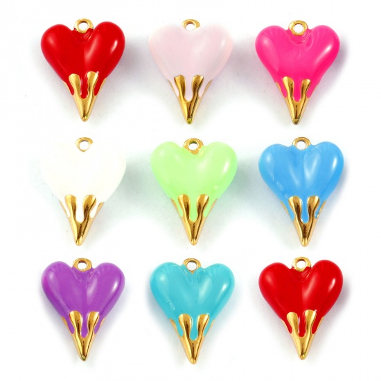 Picture of 1 Piece Eco-friendly PVD Vacuum Plating Waterproof Anti-Tarnish Hypoallergenic 304 Stainless Steel Valentine's Day Charms 18K Real Gold Plated Enamel Heart 3D 24mm x 19mm