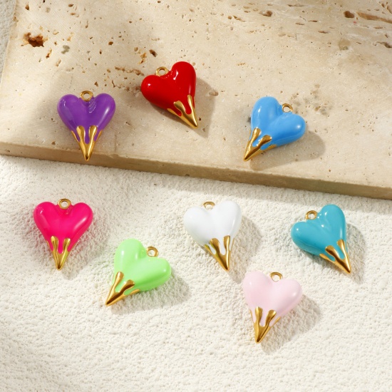 Picture of 1 Piece Eco-friendly PVD Vacuum Plating Waterproof Anti-Tarnish Hypoallergenic 304 Stainless Steel Valentine's Day Charms 18K Real Gold Plated Enamel Heart 3D 24mm x 19mm