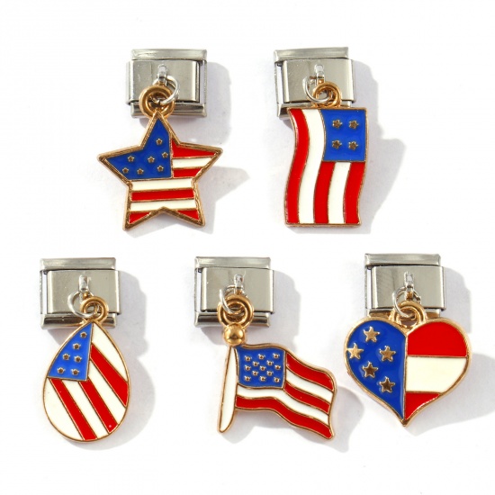 Изображение 2 PCs 304 Stainless Steel Stylish Italian Charm Links For DIY Bracelet Jewelry Making Gold Plated & Silver Tone Red & Blue Enamel Rectangle Flag Of The United States 10mm x 9mm