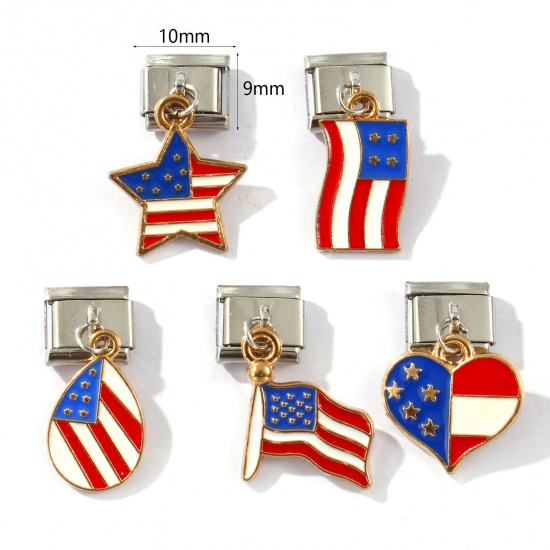 Изображение 2 PCs 304 Stainless Steel Stylish Italian Charm Links For DIY Bracelet Jewelry Making Gold Plated & Silver Tone Red & Blue Enamel Rectangle Flag Of The United States 10mm x 9mm