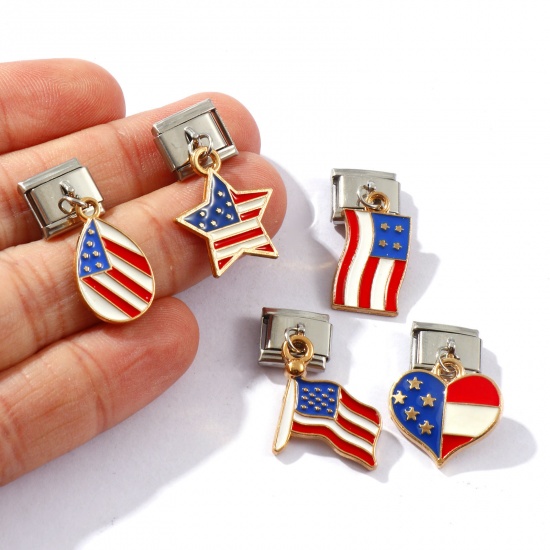 Изображение 2 PCs 304 Stainless Steel Stylish Italian Charm Links For DIY Bracelet Jewelry Making Gold Plated & Silver Tone Red & Blue Enamel Rectangle Flag Of The United States 10mm x 9mm