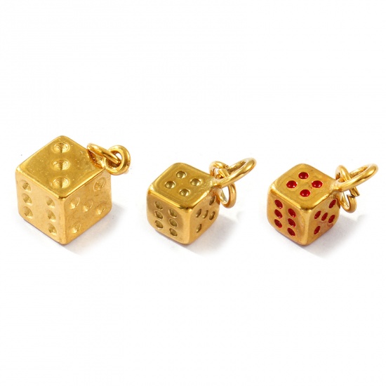 Picture of 2 PCs Eco-friendly PVD Vacuum Plating Waterproof Anti-Tarnish Hypoallergenic 304 Stainless Steel Charms 18K Real Gold Plated Dice 3D