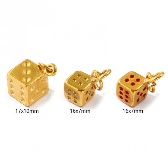 Picture of 2 PCs Eco-friendly PVD Vacuum Plating Waterproof Anti-Tarnish Hypoallergenic 304 Stainless Steel Charms 18K Real Gold Plated Dice 3D