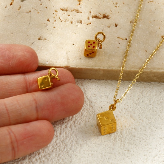 Picture of 2 PCs Eco-friendly PVD Vacuum Plating Waterproof Anti-Tarnish Hypoallergenic 304 Stainless Steel Charms 18K Real Gold Plated Dice 3D