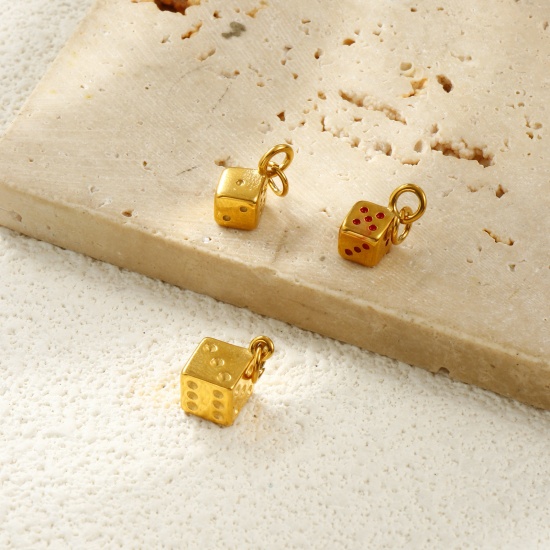 Picture of 2 PCs Eco-friendly PVD Vacuum Plating Waterproof Anti-Tarnish Hypoallergenic 304 Stainless Steel Charms 18K Real Gold Plated Dice 3D