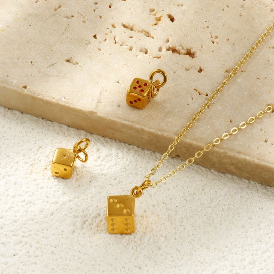 Picture of 2 PCs Eco-friendly PVD Vacuum Plating Waterproof Anti-Tarnish Hypoallergenic 304 Stainless Steel Charms 18K Real Gold Plated Dice 3D