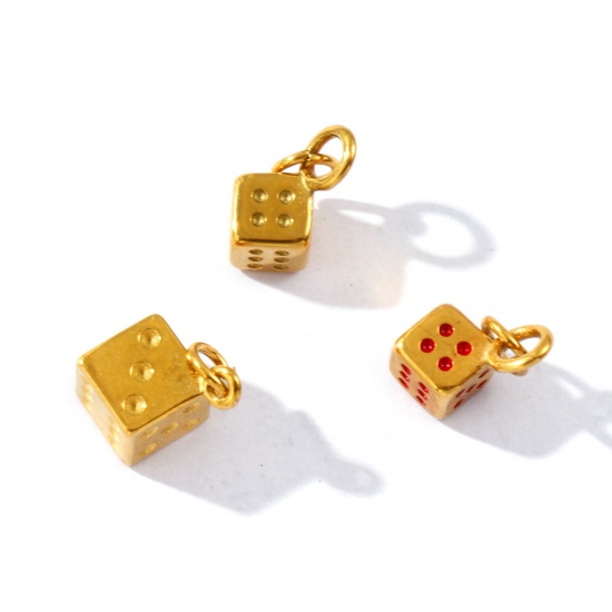 Picture of 2 PCs Eco-friendly PVD Vacuum Plating Waterproof Anti-Tarnish Hypoallergenic 304 Stainless Steel Charms 18K Real Gold Plated Dice 3D