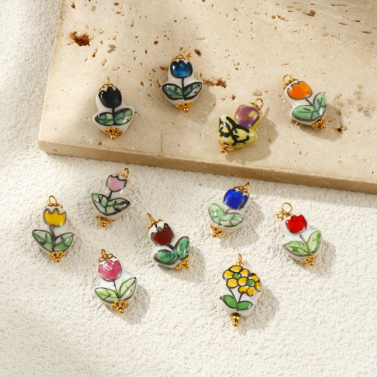 Immagine di 2 Pz Placcatura Sottovuoto PVD Ecologica 304 Acciaio Inossidabile & Ceramica Collezione Flora Ciondoli Placcato Oro 18K Fiore