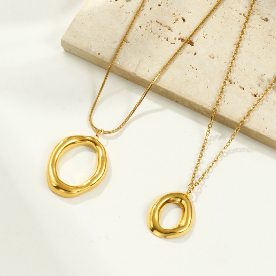Picture of Wholesale Oval Pendant Charm Necklace, 18K Real Gold Plated 304 Stainless Steel Women's Eco-friendly PVD Vacuum Plating Waterproof Anti-Tarnish Hypoallergenic Exquisite Stylish Gift Jewelry For Retailer, 45cm(17.7") + 5cm(2") long, 1 Piece