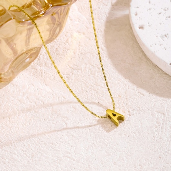 Immagine di 18K Gold Plated Bamboo Chain Pendant Charm Necklace, 304 Stainless Steel 40cm(15.7") + 5cm(2"), For Women, Message " A-Z " Capital Alphabet Initial Letter Name Dainty Gift, Eco-friendly, 1 Piece