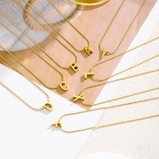 Immagine di 18K Gold Plated Bamboo Chain Pendant Charm Necklace, 304 Stainless Steel 40cm(15.7") + 5cm(2"), For Women, Message " A-Z " Capital Alphabet Initial Letter Name Dainty Gift, Eco-friendly, 1 Piece