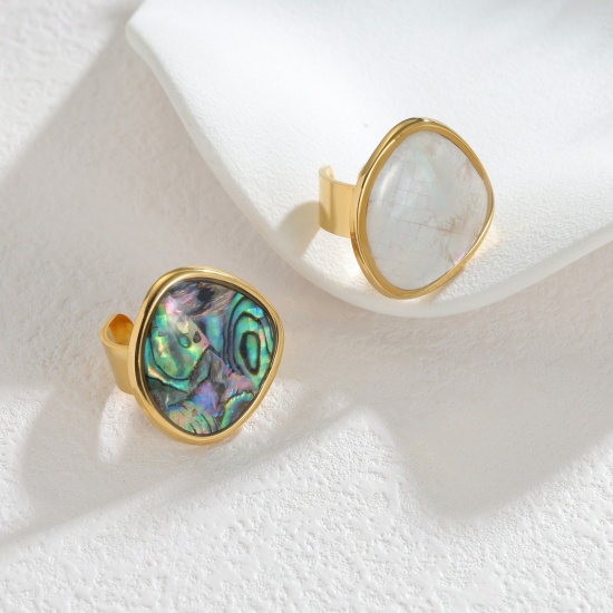 Picture of Wholesale Women's Gift Open Adjustable Rings, 18K Gold Plated 304 Stainless Steel & Natural Shell, Eco-friendly Stylish Dainty Jewelry Supply, 18mm(US Size 7.75)