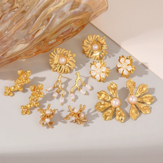 Picture of 1 Pair Vacuum Plating Dainty Stylish 18K Gold Plated White 304 Stainless Steel Acrylic Imitation Pearl Ear Post Stud Earrings For Women Gift