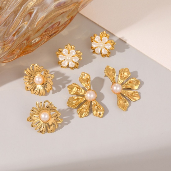 Picture of 1 Pair Vacuum Plating Dainty Stylish 18K Gold Plated White 304 Stainless Steel Acrylic Imitation Pearl Ear Post Stud Earrings For Women Gift