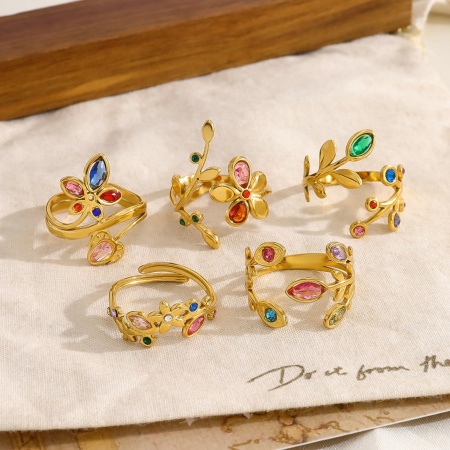 1 Piece Eco-friendly PVD Vacuum Plating Dainty Stylish 18K Gold Plated Multicolor 304 Stainless Steel & Cubic Zirconia Open Rings For Women Gift
