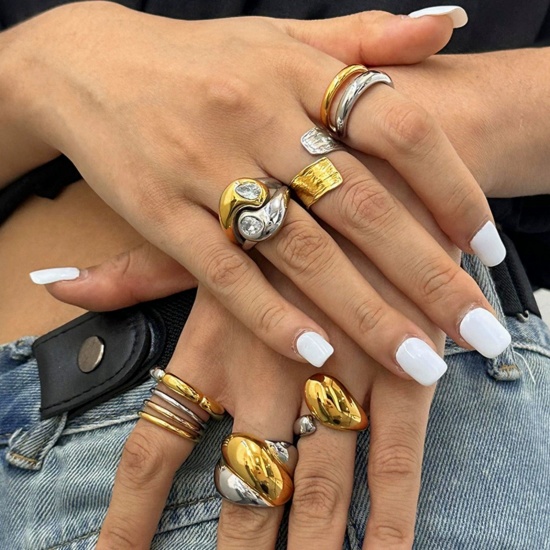 Picture of 1 Piece Eco-friendly PVD Vacuum Plating Waterproof Anti-Tarnish Hypoallergenic Dainty Stylish 18K Real Gold Plated 304 Stainless Steel Two Tone Rings For Women Gift