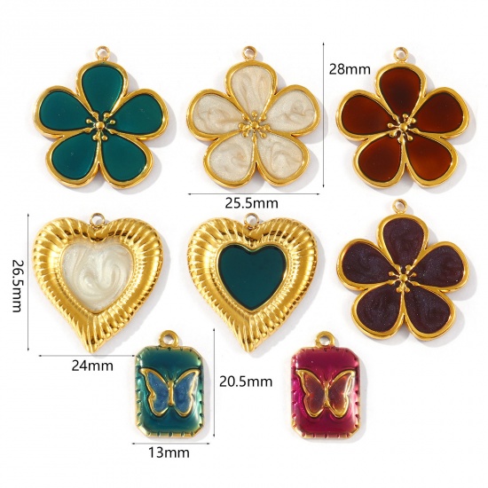 Picture of Eco-friendly PVD Vacuum Plating Waterproof Anti-Tarnish Hypoallergenic 304 Stainless Steel Charms 18K Real Gold Plated Enamel Flower Butterfly