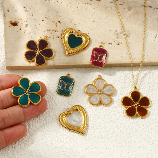 Picture of Eco-friendly PVD Vacuum Plating Waterproof Anti-Tarnish Hypoallergenic 304 Stainless Steel Charms 18K Real Gold Plated Enamel Flower Butterfly