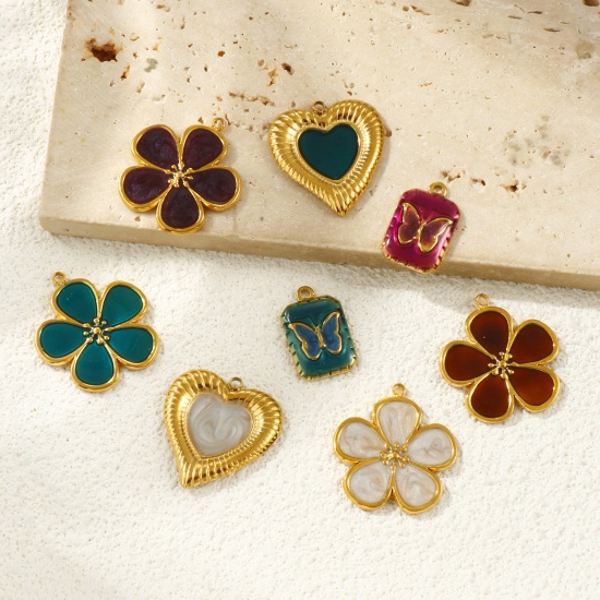 Picture of Eco-friendly PVD Vacuum Plating Waterproof Anti-Tarnish Hypoallergenic 304 Stainless Steel Charms 18K Real Gold Plated Enamel Flower Butterfly