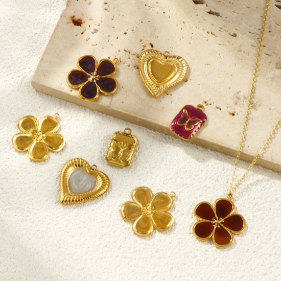 Picture of Eco-friendly PVD Vacuum Plating Waterproof Anti-Tarnish Hypoallergenic 304 Stainless Steel Charms 18K Real Gold Plated Enamel Flower Butterfly