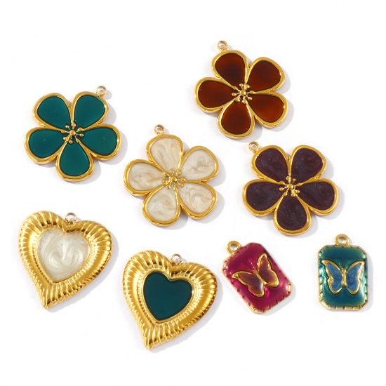 Picture of Eco-friendly PVD Vacuum Plating Waterproof Anti-Tarnish Hypoallergenic 304 Stainless Steel Charms 18K Real Gold Plated Enamel Flower Butterfly