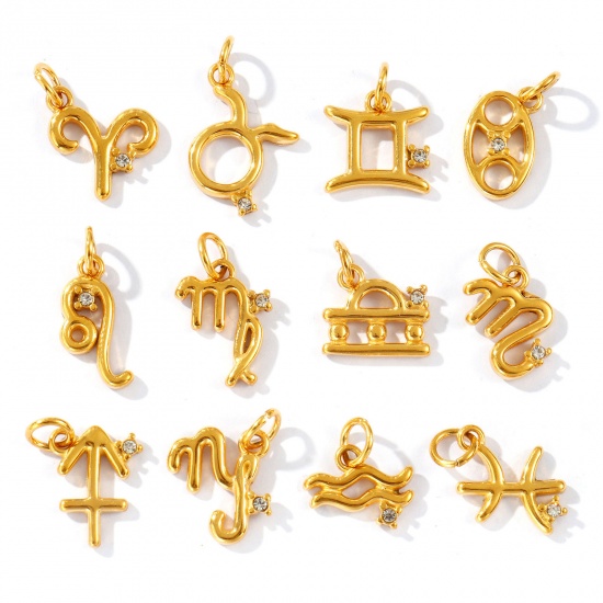 Picture of Eco-friendly PVD Vacuum Plating Waterproof Anti-Tarnish Hypoallergenic 304 Stainless Steel Charms 24K Real Gold Plated Zodiac Constellation Clear Cubic Zirconia
