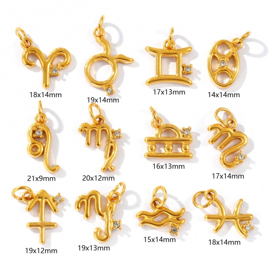 Picture of Eco-friendly PVD Vacuum Plating Waterproof Anti-Tarnish Hypoallergenic 304 Stainless Steel Charms 24K Real Gold Plated Zodiac Constellation Clear Cubic Zirconia