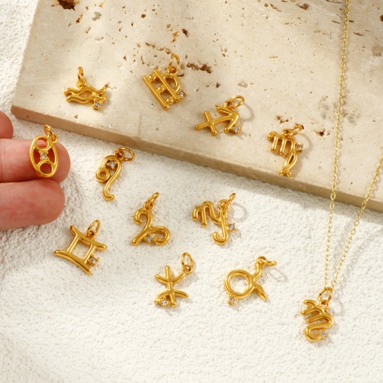 Picture of Eco-friendly PVD Vacuum Plating Waterproof Anti-Tarnish Hypoallergenic 304 Stainless Steel Charms 24K Real Gold Plated Zodiac Constellation Clear Cubic Zirconia