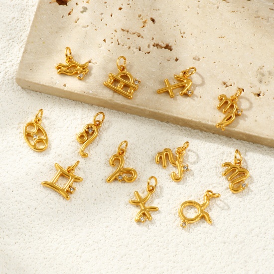 Picture of Eco-friendly PVD Vacuum Plating Waterproof Anti-Tarnish Hypoallergenic 304 Stainless Steel Charms 24K Real Gold Plated Zodiac Constellation Clear Cubic Zirconia