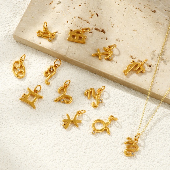 Picture of Eco-friendly PVD Vacuum Plating Waterproof Anti-Tarnish Hypoallergenic 304 Stainless Steel Charms 24K Real Gold Plated Zodiac Constellation Clear Cubic Zirconia