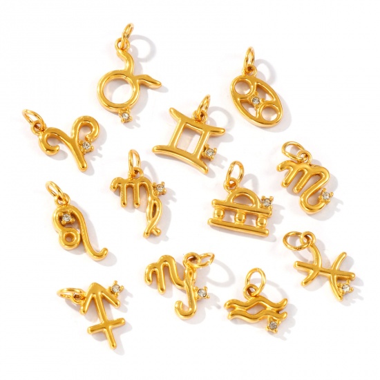 Picture of Eco-friendly PVD Vacuum Plating Waterproof Anti-Tarnish Hypoallergenic 304 Stainless Steel Charms 24K Real Gold Plated Zodiac Constellation Clear Cubic Zirconia