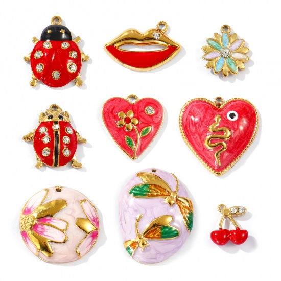 Picture of Eco-friendly PVD Vacuum Plating 304 Stainless Steel & Rhinestone Charms 18K Gold Plated Enamel