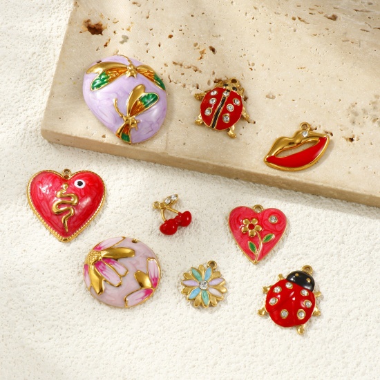 Picture of Eco-friendly PVD Vacuum Plating 304 Stainless Steel & Rhinestone Charms 18K Gold Plated Enamel