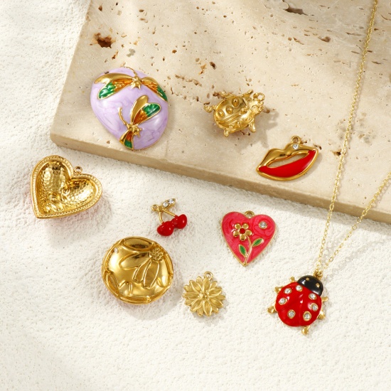 Picture of Eco-friendly PVD Vacuum Plating 304 Stainless Steel & Rhinestone Charms 18K Gold Plated Enamel