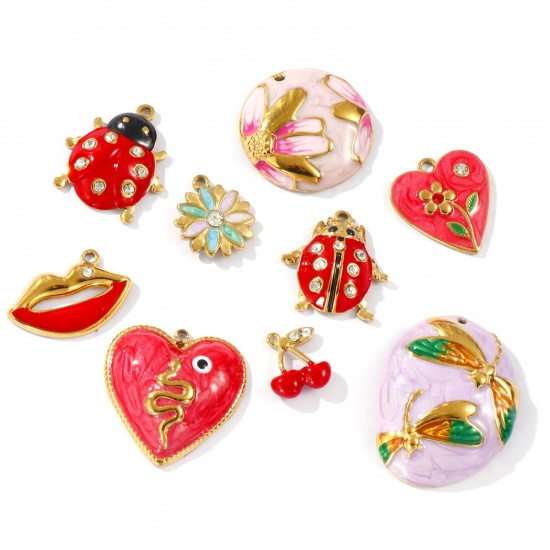 Picture of Eco-friendly PVD Vacuum Plating 304 Stainless Steel & Rhinestone Charms 18K Gold Plated Enamel