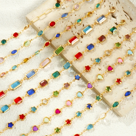 Изображение 1 Piece Sweet & Cute Exquisite 18K Gold Plated Multicolor Brass & Glass Handmade Link Chain Geometric Bracelets For Women Gift