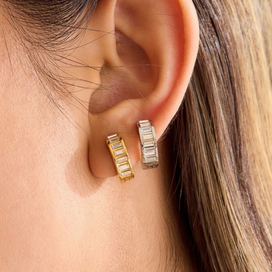 Immagine di 1 Pair Vacuum Plating Dainty Stylish Multicolor 304 Stainless Steel & Cubic Zirconia Huggie Hoop Earrings For Women Gift 15mm Dia.