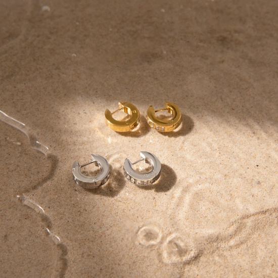 Immagine di 1 Pair Vacuum Plating Dainty Stylish Multicolor 304 Stainless Steel & Cubic Zirconia Huggie Hoop Earrings For Women Gift 15mm Dia.