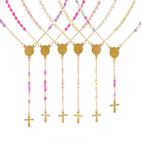 Immagine di Croce Medaglia di San Benedetto Collana con Rosario con Perline di Preghiera All'Ingrosso, Oro Placcato 304 Acciaio Inossidabile Catena di Perline, Donne Placcatura Sottovuoto Religione Retrò Regalo Gioielli Per Rivenditore, 55cm Lunghezza, 1 Pz