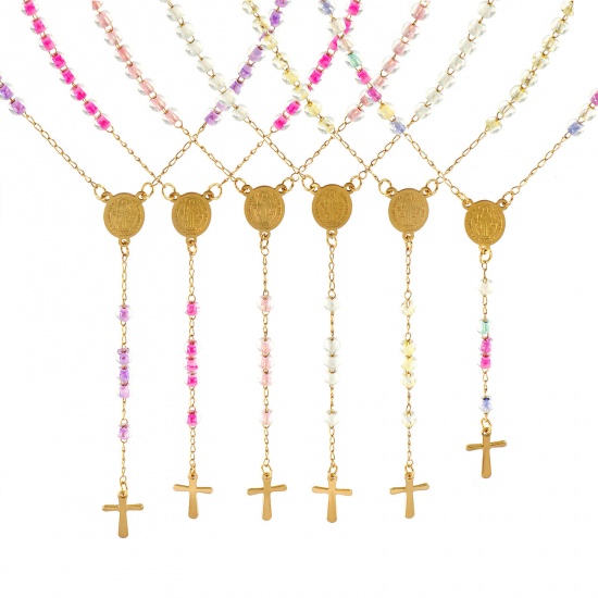 Immagine di Croce Medaglia di San Benedetto Collana con Rosario con Perline di Preghiera All'Ingrosso, Oro Placcato 304 Acciaio Inossidabile Catena di Perline, Donne Placcatura Sottovuoto Religione Retrò Regalo Gioielli Per Rivenditore, 55cm Lunghezza, 1 Pz