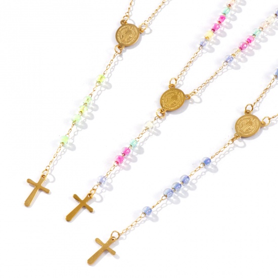 Immagine di Croce Medaglia di San Benedetto Collana con Rosario con Perline di Preghiera All'Ingrosso, Oro Placcato 304 Acciaio Inossidabile Catena di Perline, Donne Placcatura Sottovuoto Religione Retrò Regalo Gioielli Per Rivenditore, 55cm Lunghezza, 1 Pz