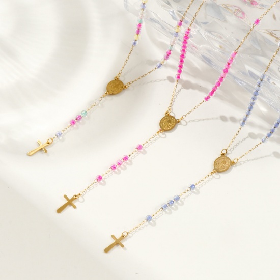 Immagine di Croce Medaglia di San Benedetto Collana con Rosario con Perline di Preghiera All'Ingrosso, Oro Placcato 304 Acciaio Inossidabile Catena di Perline, Donne Placcatura Sottovuoto Religione Retrò Regalo Gioielli Per Rivenditore, 55cm Lunghezza, 1 Pz