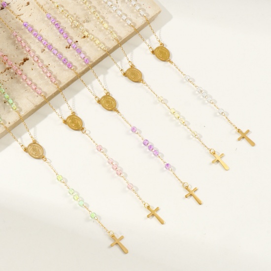 Immagine di Croce Medaglia di San Benedetto Collana con Rosario con Perline di Preghiera All'Ingrosso, Oro Placcato 304 Acciaio Inossidabile Catena di Perline, Donne Placcatura Sottovuoto Religione Retrò Regalo Gioielli Per Rivenditore, 55cm Lunghezza, 1 Pz