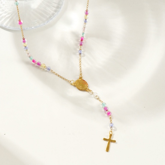 Immagine di Croce Medaglia di San Benedetto Collana con Rosario con Perline di Preghiera All'Ingrosso, Oro Placcato 304 Acciaio Inossidabile Catena di Perline, Donne Placcatura Sottovuoto Religione Retrò Regalo Gioielli Per Rivenditore, 55cm Lunghezza, 1 Pz