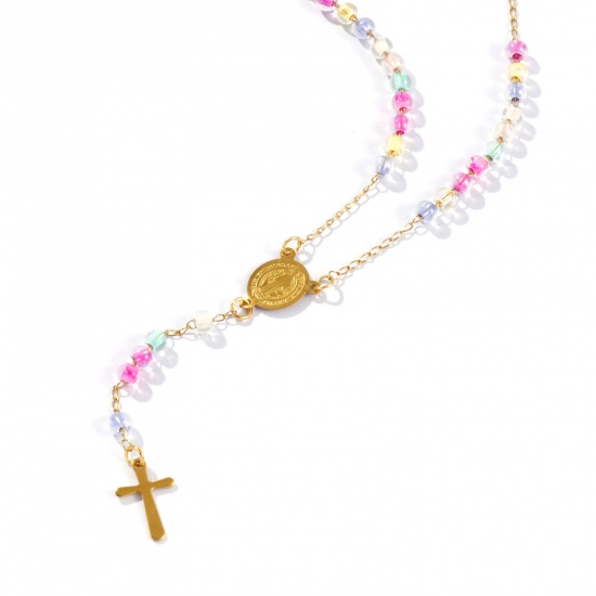 Immagine di Croce Medaglia di San Benedetto Collana con Rosario con Perline di Preghiera All'Ingrosso, Oro Placcato 304 Acciaio Inossidabile Catena di Perline, Donne Placcatura Sottovuoto Religione Retrò Regalo Gioielli Per Rivenditore, 55cm Lunghezza, 1 Pz