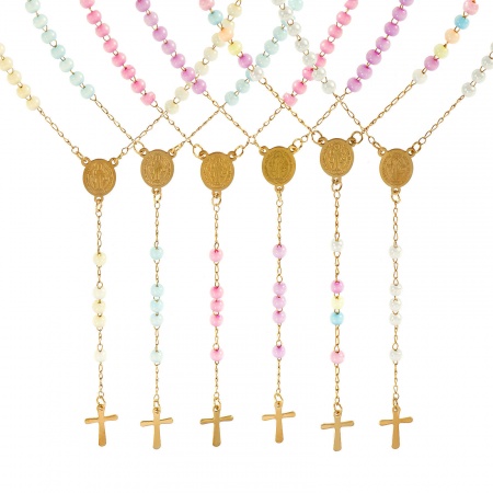 Immagine di Croce Medaglia di San Benedetto Collana con Rosario con Perline di Preghiera All'Ingrosso, Oro Placcato 304 Acciaio Inossidabile Catena di Perline, Donne Placcatura Sottovuoto Religione Retrò Regalo Gioielli Per Rivenditore, 55cm Lunghezza, 1 Pz
