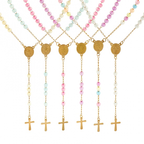 Picture of Wholesale Cross St. Benedict Medal Prayer Beads Rosary Necklace, Gold Plated 304 Stainless Steel Beaded Chain, Women's Vacuum Plating Religious Retro Gift Jewelry For Retailer, 55cm(21.7") long, 1 Piece