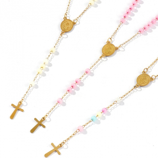 Picture of Wholesale Cross St. Benedict Medal Prayer Beads Rosary Necklace, Gold Plated 304 Stainless Steel Beaded Chain, Women's Vacuum Plating Religious Retro Gift Jewelry For Retailer, 55cm(21.7") long, 1 Piece